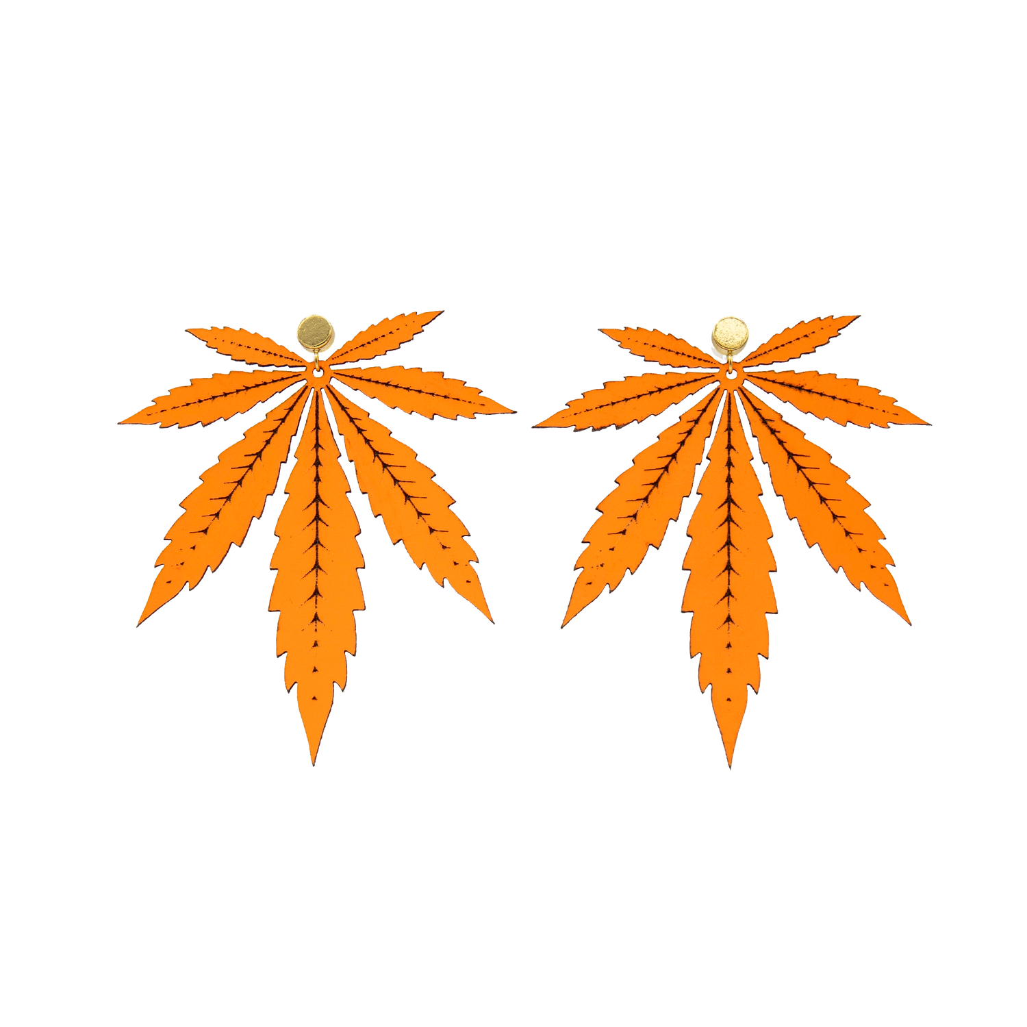 Neon Orange Large Leaf Leather Stud Earrings