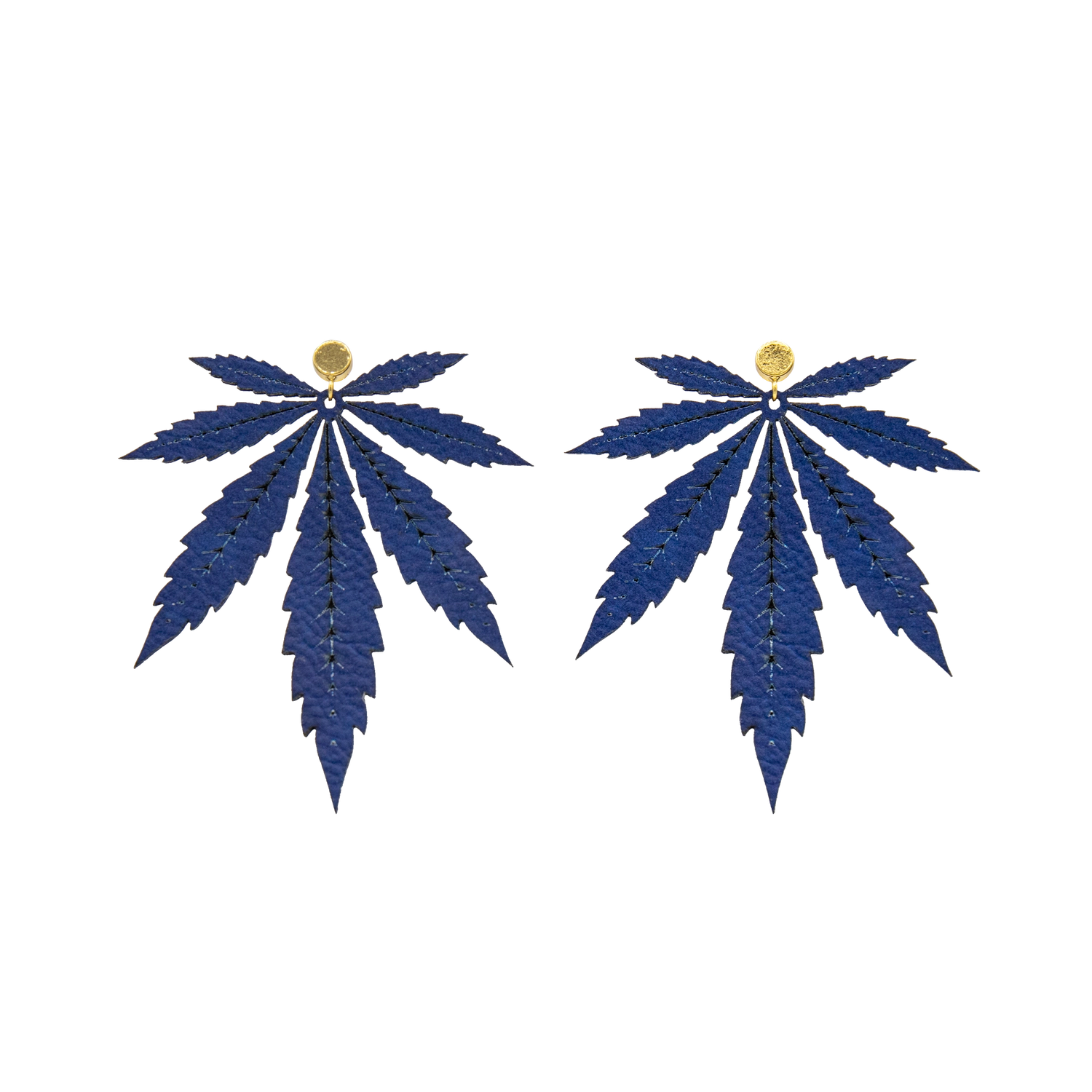 Blue Large Leaf Vegan Leather Stud Earrings