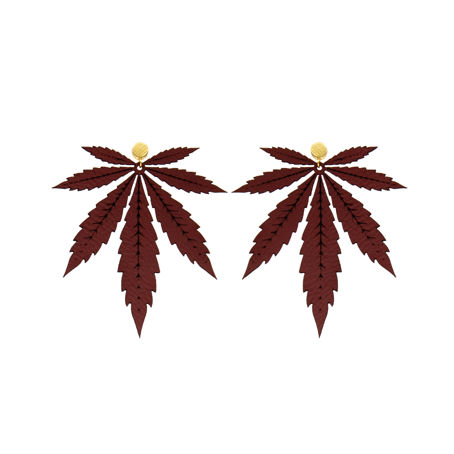 Maroon Large Leaf Vegan Leather Stud Earrings