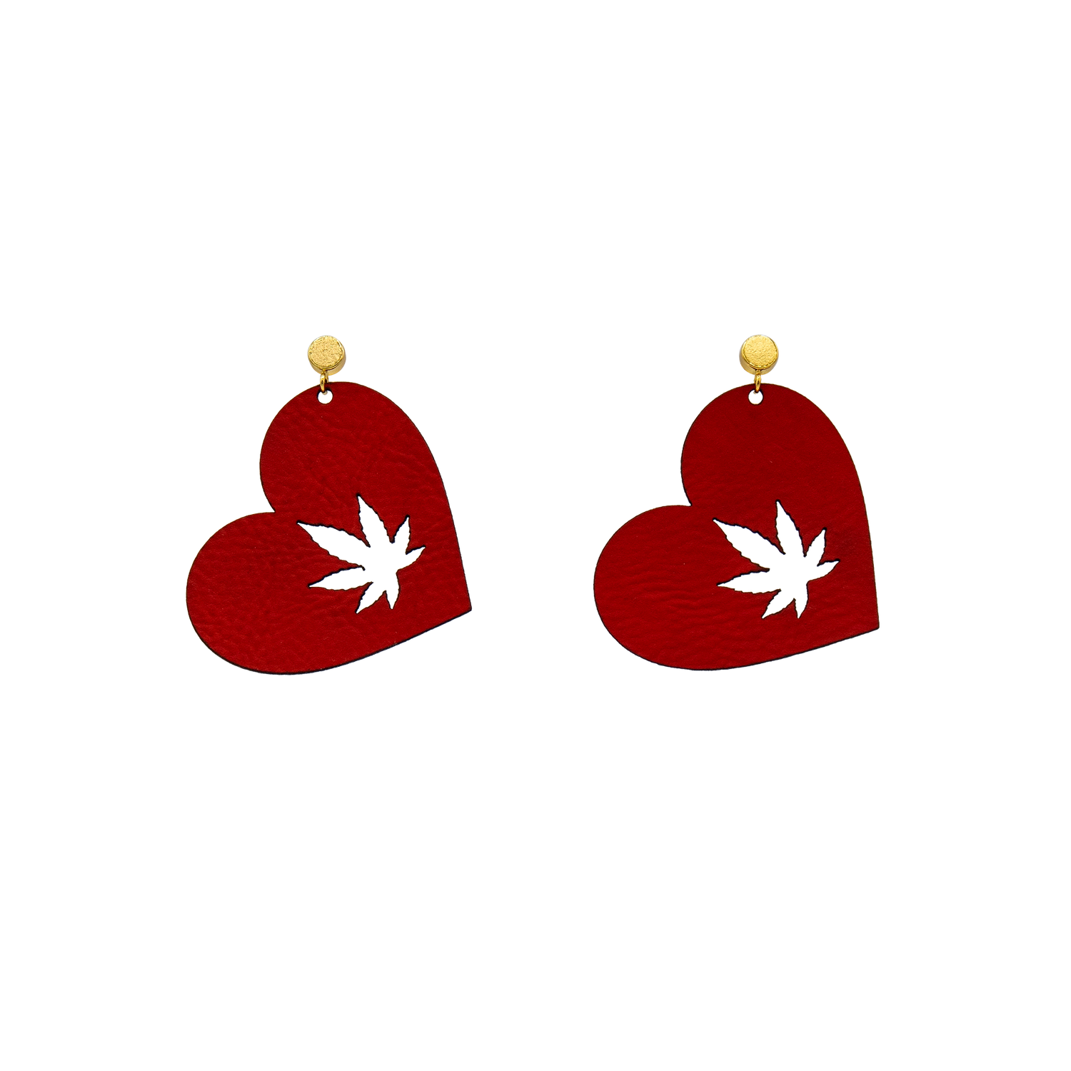 High In Love Red Heart Leaf Vegan Leather Stud Earrings