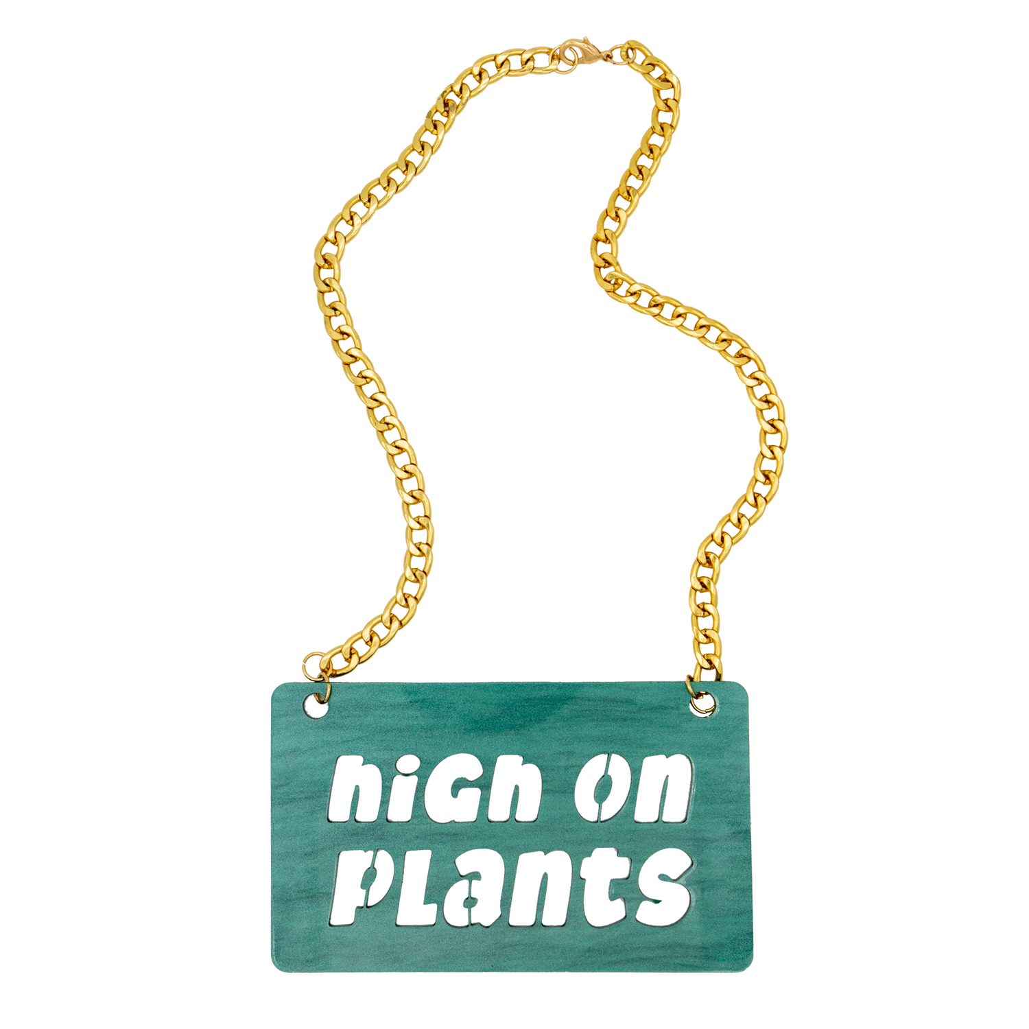 Green Large High On Plants Nameplate Necklace with 18" Gold Curb Chain