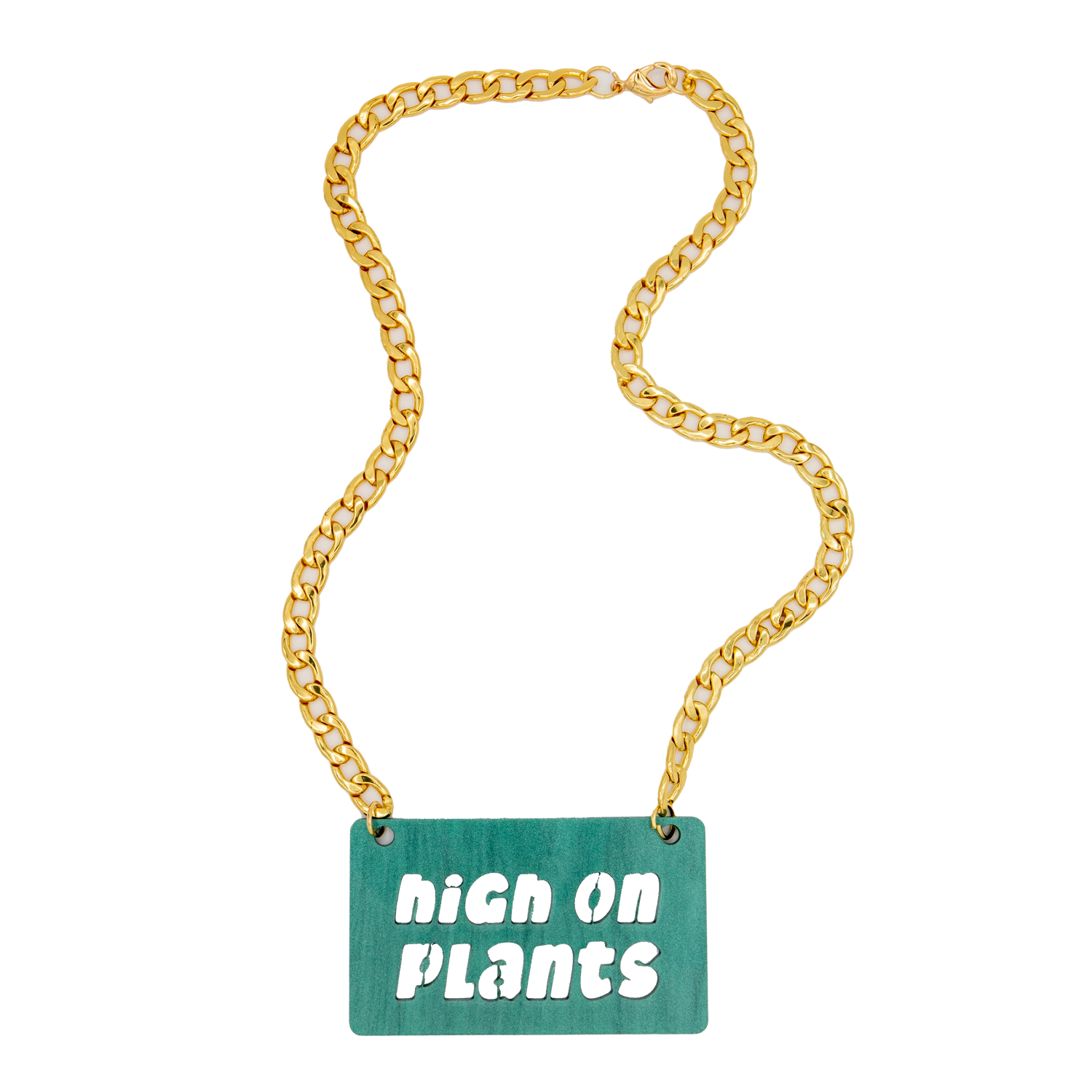 Green Mini High On Plants Nameplate Necklace with 18" Gold Curb Chain