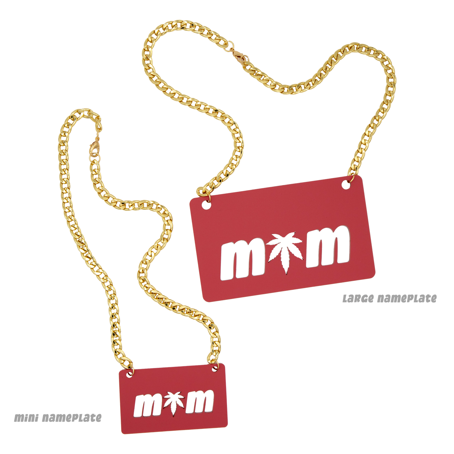 Pink Mini MOM Nameplate Necklace with 18" Gold Curb Chain