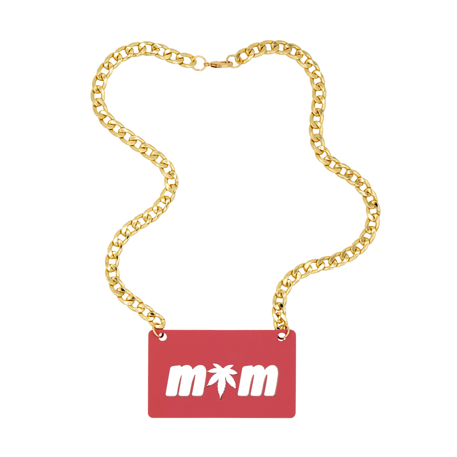 Pink Mini MOM Nameplate Necklace with 18" Gold Curb Chain