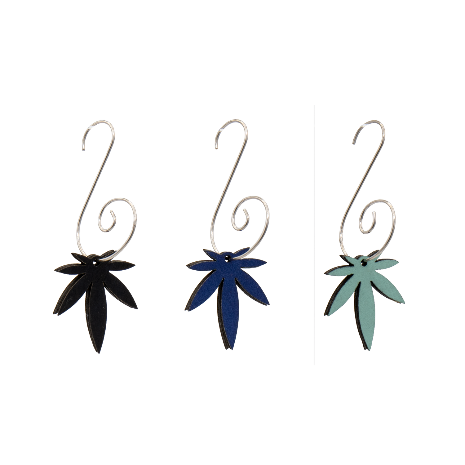 Mini Leaf Vegan Leather Teal Blue Black Ornaments 3pk