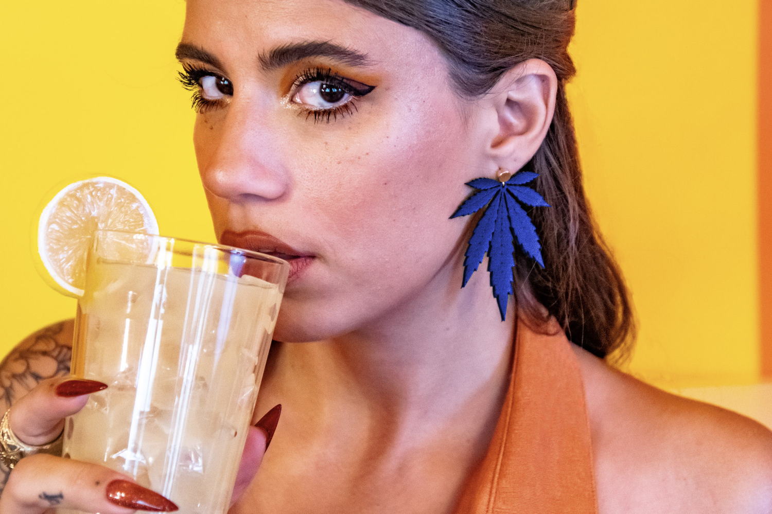 Blue Large Leaf Vegan Leather Stud Earrings