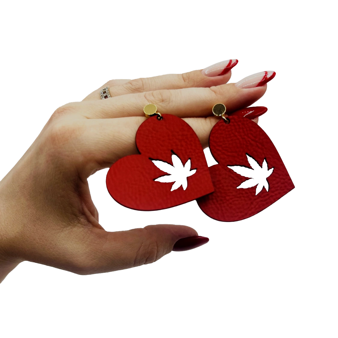 High In Love Red Heart Leaf Vegan Leather Stud Earrings