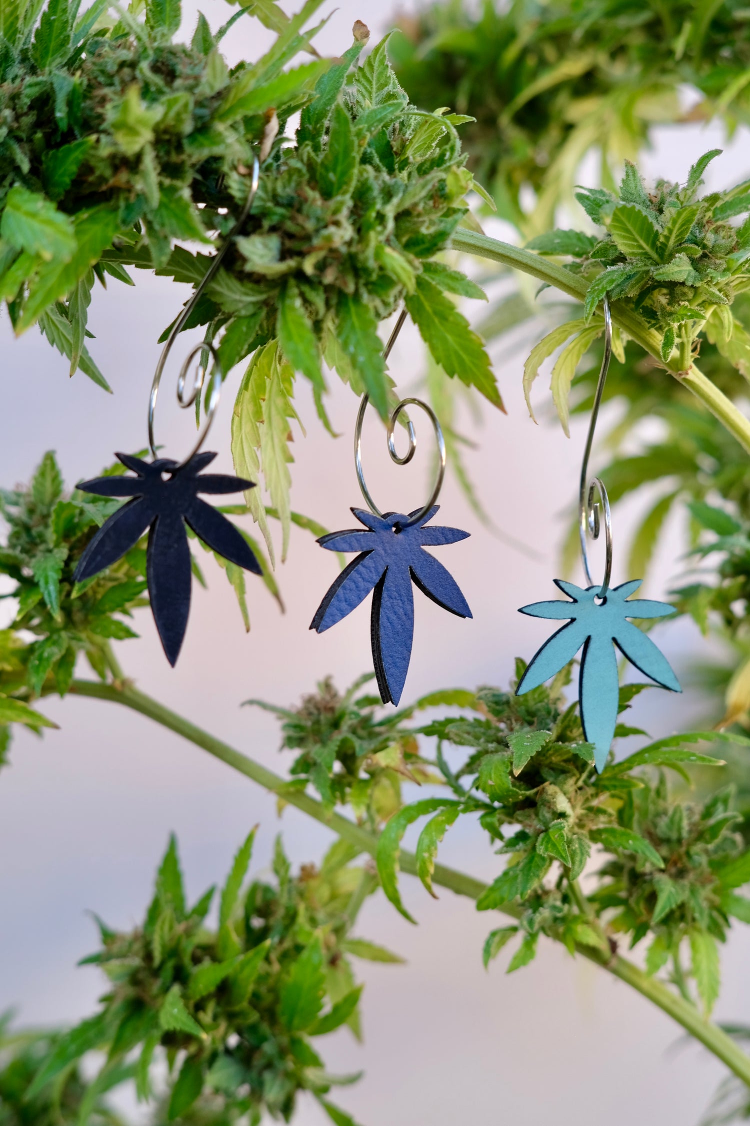 Mini Leaf Vegan Leather Teal Blue Black Ornaments 3pk