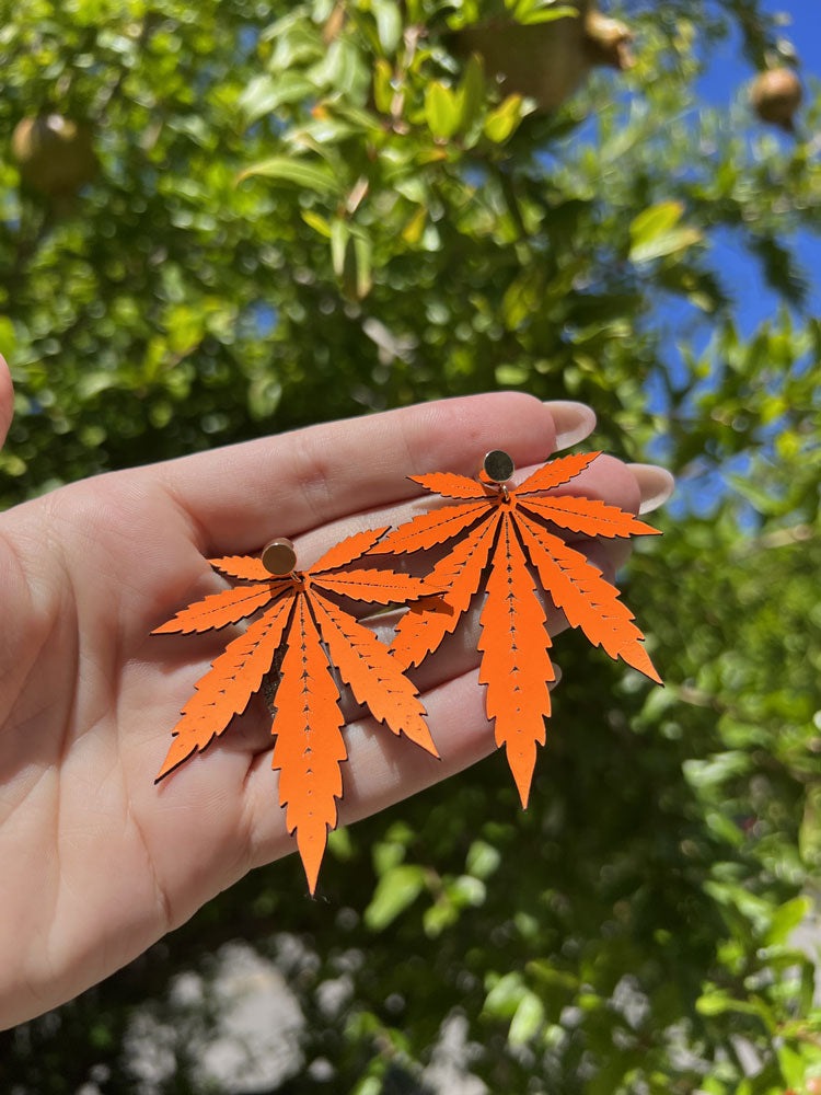 Neon Orange Large Leaf Leather Stud Earrings